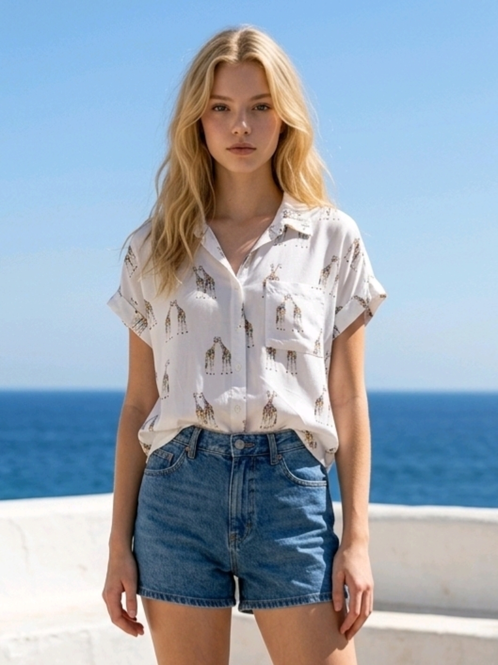 Jane and Delancey White Short-Sleeve Button-Down with Giraffe Print